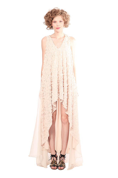 Rochie de matase asimetrica cu flori 3D  si dantela R12S14