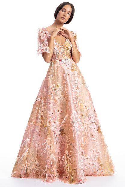 Rochie de seara lunga, eleganta, tip printesa din dantela brodata si pene. Grace