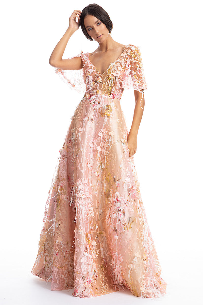 Rochie de seara lunga, eleganta, tip printesa din dantela brodata si pene. Grace