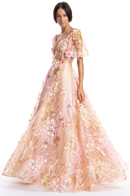 Rochie de seara lunga, eleganta, tip printesa din dantela brodata si pene. Grace