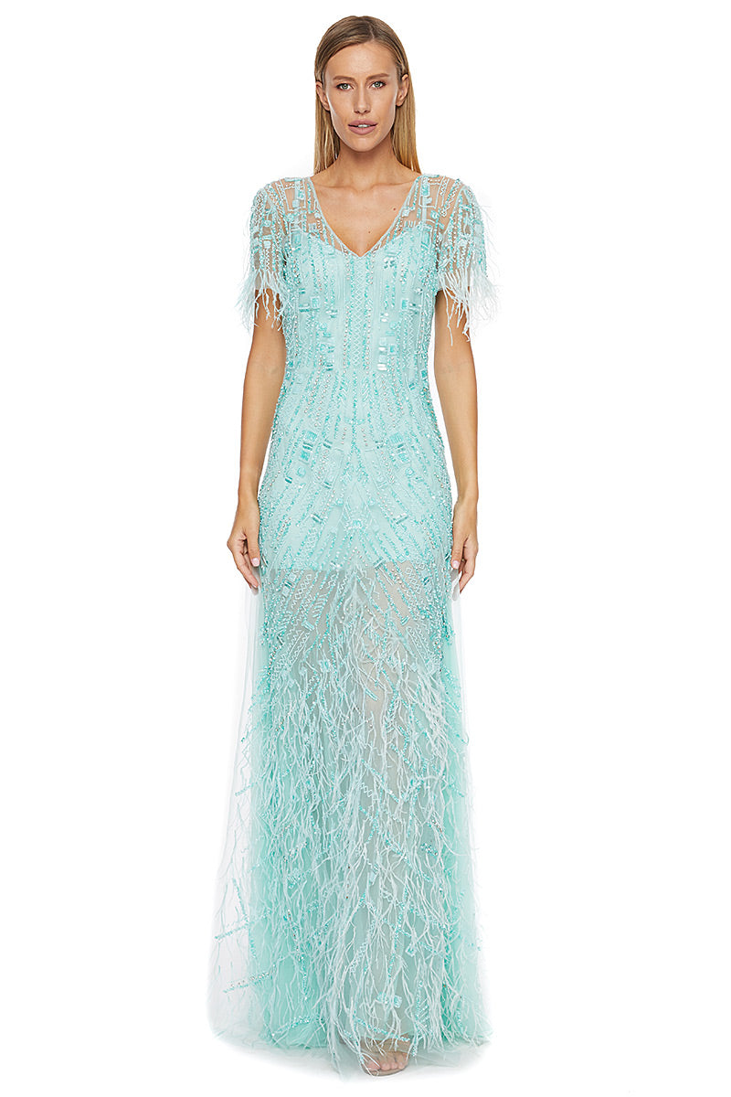 Rochie lunga de seara cu maneci scurte  din broderie manuala eleganta Liona