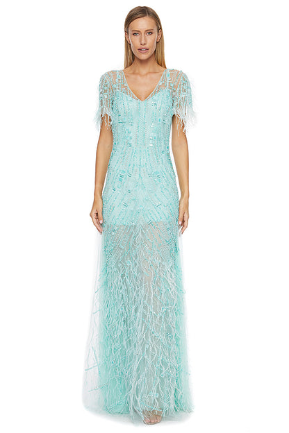 Rochie lunga de seara cu maneci scurte  din broderie manuala eleganta Liona