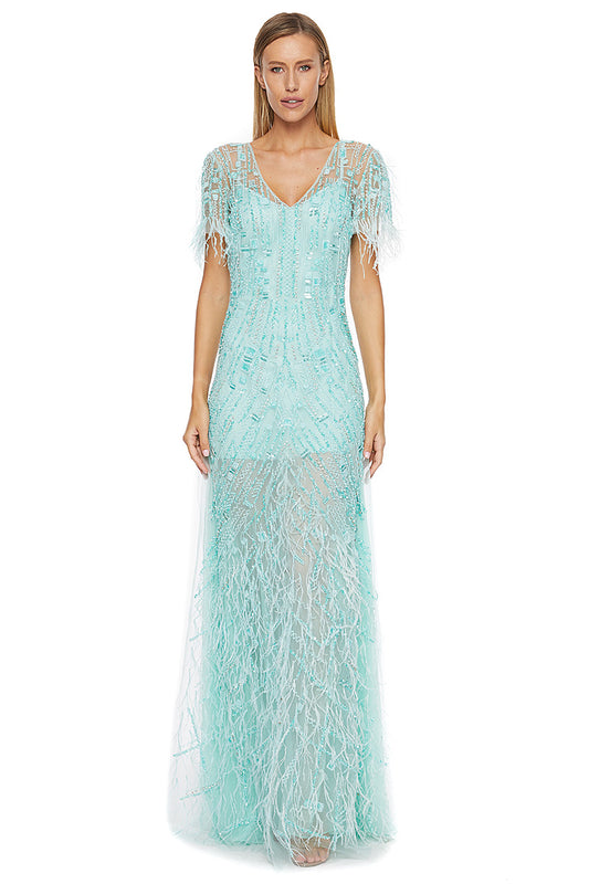 Rochie lunga de seara cu maneci scurte  din broderie manuala eleganta Liona