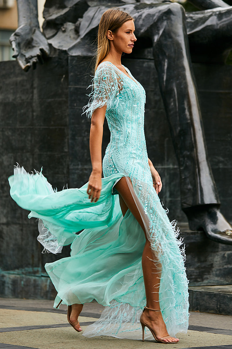 Rochie lunga de seara cu maneci scurte  din broderie manuala eleganta Liona