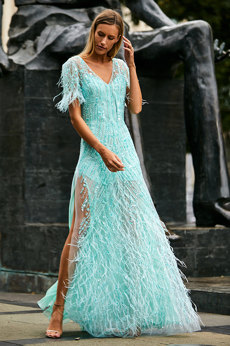 Rochie lunga de seara cu maneci scurte  din broderie manuala eleganta Liona