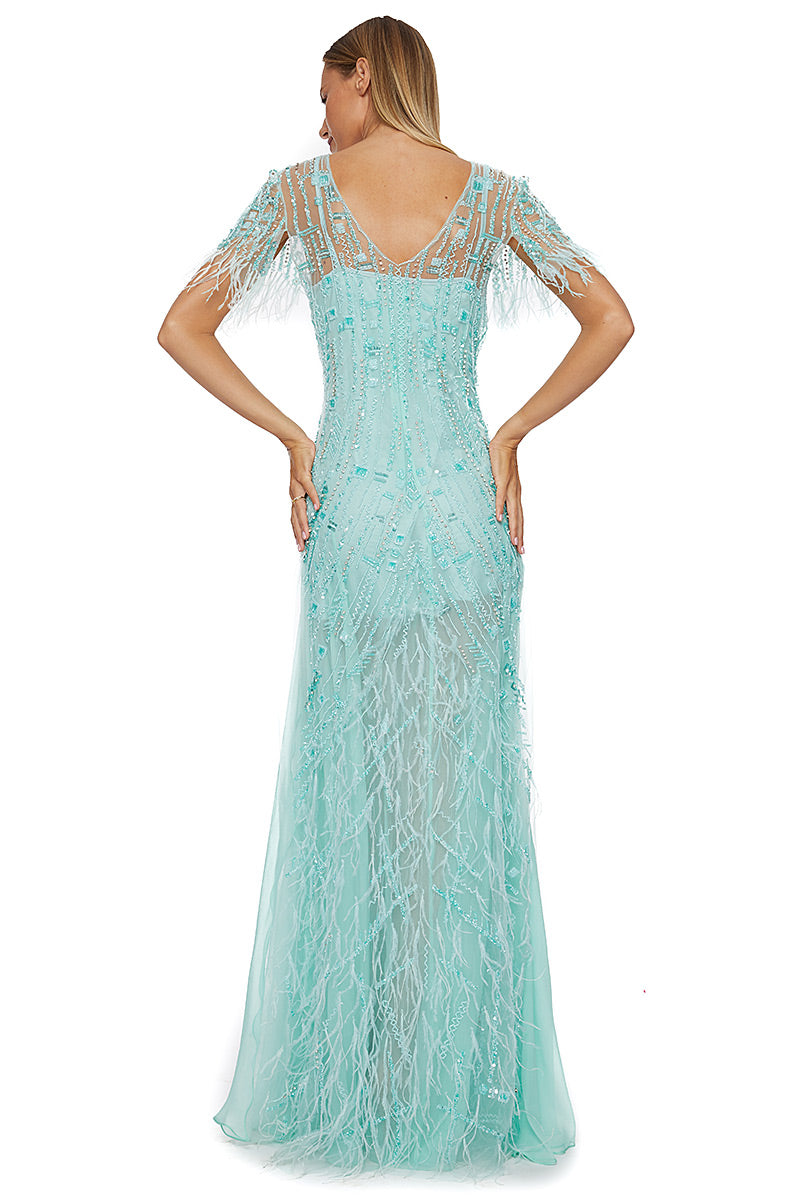 Rochie lunga de seara cu maneci scurte  din broderie manuala eleganta Liona