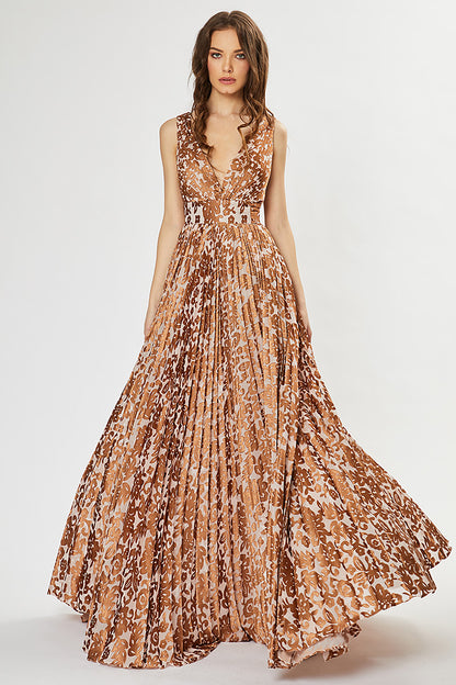 Rochie de de seara lunga din matase brocart  plisata cu decolteu in V R13H20