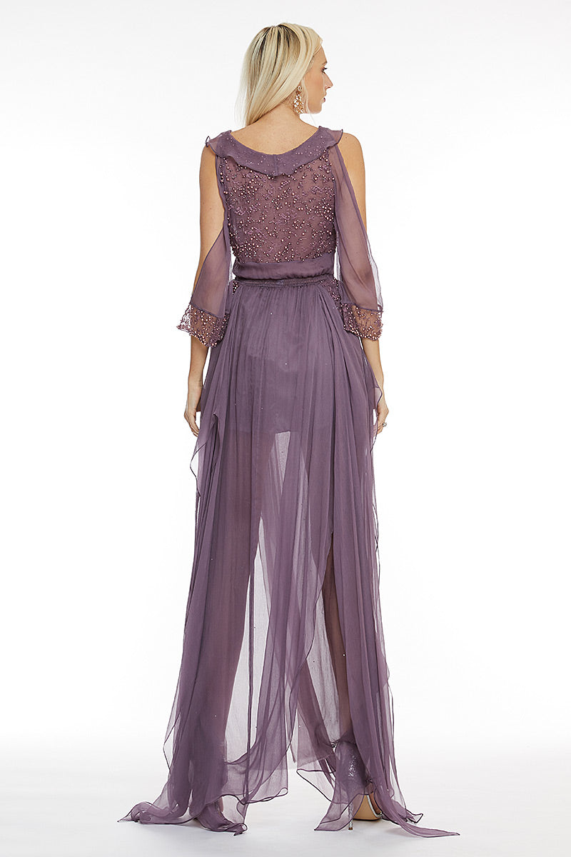 Rochie de matase naturala lunga  cu maneci lungi, cu despicaturi pe picioare Mayra