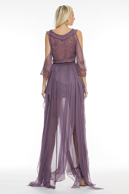 Rochie de matase naturala lunga  cu maneci lungi, cu despicaturi pe picioare Mayra