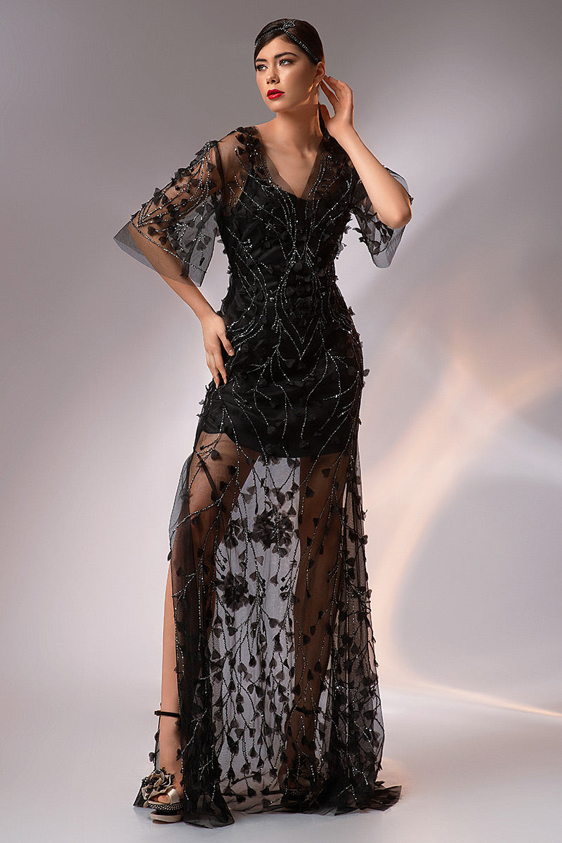 Rochie de seara lunga neagra brodata manual R13h24 Siona