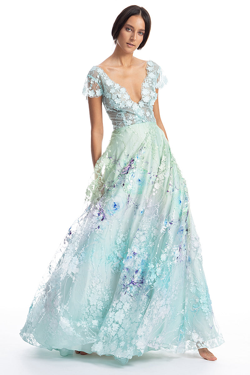 Rochie lunga de seara cu dantela brodata in linia A, cu maneci scurte R13S19