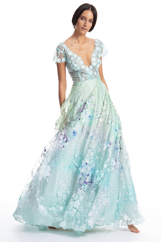 Rochie lunga de seara cu dantela brodata in linia A, cu maneci scurte R13S19