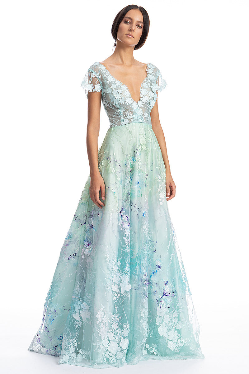 Rochie lunga de seara cu dantela brodata in linia A, cu maneci scurte R13S19