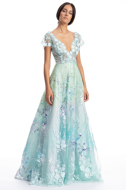 Rochie lunga de seara cu dantela brodata in linia A, cu maneci scurte R13S19