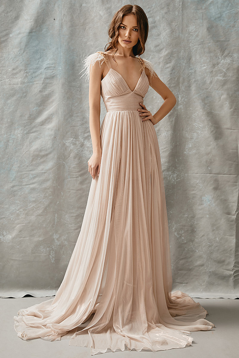 Rochie lunga de matase naturala cu corsaj si pene pe umar R14H20