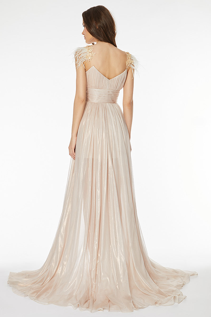 Rochie lunga de matase naturala cu corsaj si pene pe umar R14H20