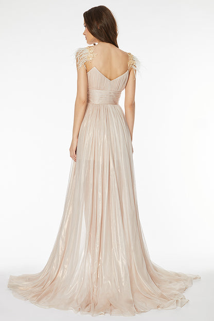 Rochie lunga de matase naturala cu corsaj si pene pe umar R14H20