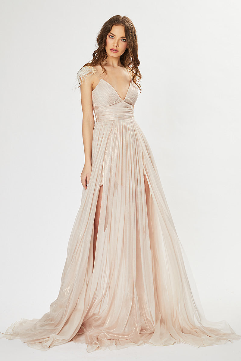 Rochie lunga de matase naturala cu corsaj si pene pe umar R14H20