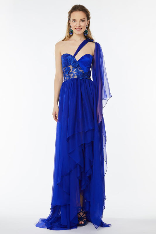 Rochie asimetrica din matase naturala, cu corsaj si bretea asimetrica R14H21