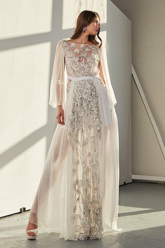 Rochia Strezitia, lunga, din matase naturala, de mireasa, cu maneci lungi si dantela, R14H23