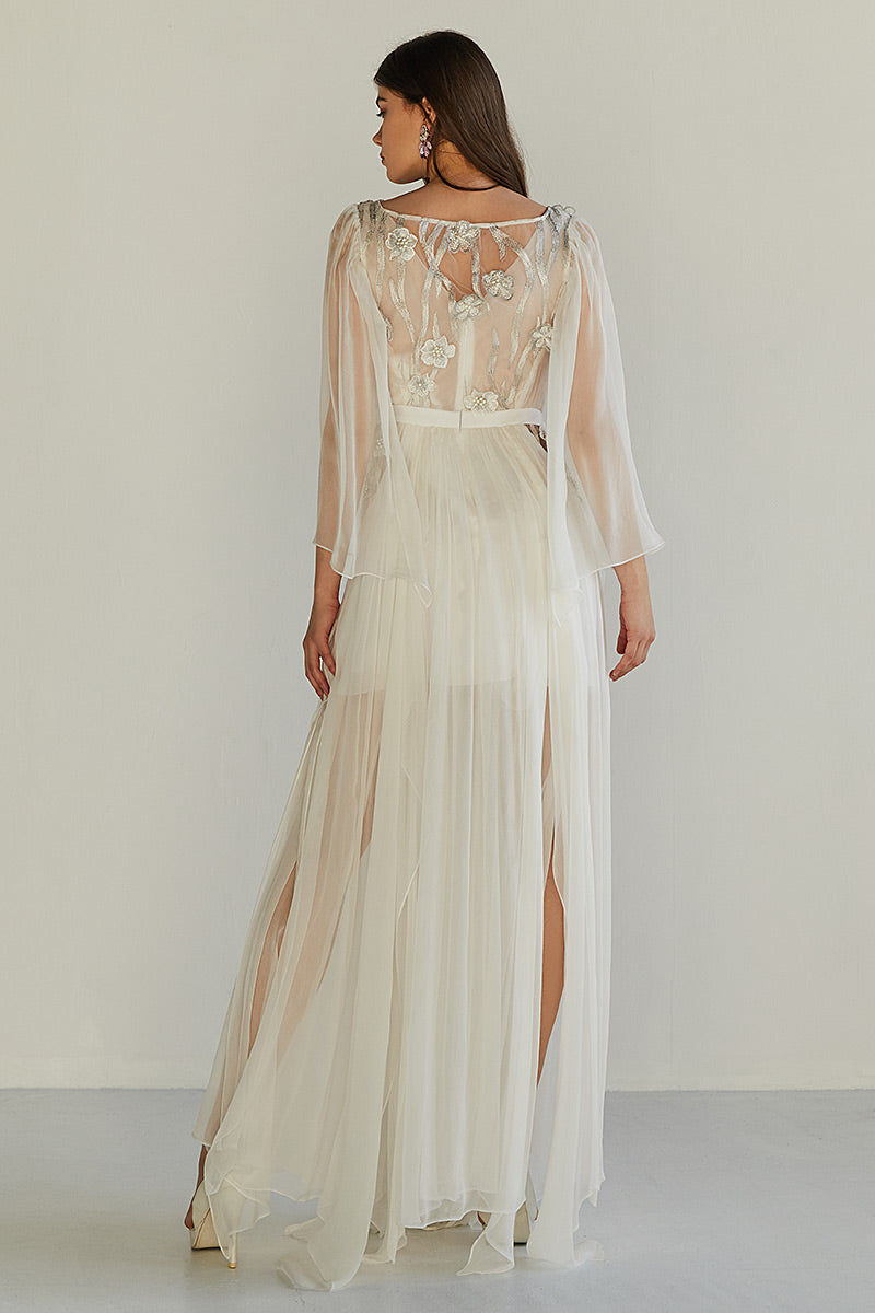 Rochia Strezitia, lunga, din matase naturala, de mireasa, cu maneci lungi si dantela, R14H23