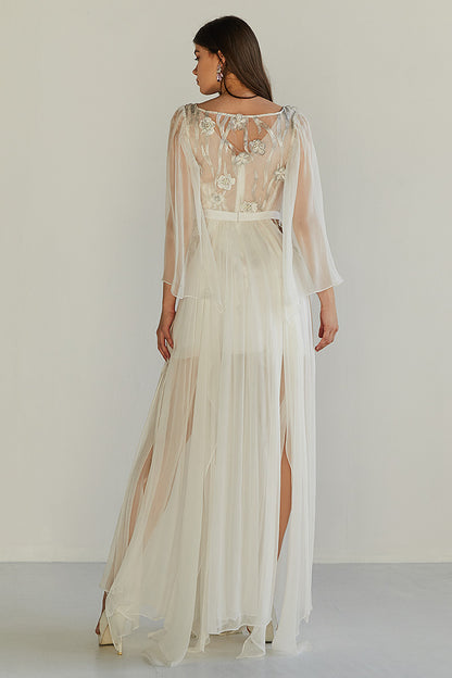 Rochia Strezitia, lunga, din matase naturala, de mireasa, cu maneci lungi si dantela, R14H23