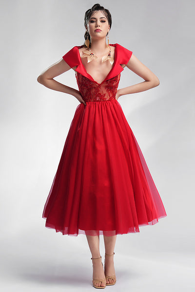 Rochia rosie midi din dantela si matase Alida