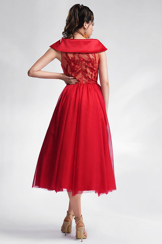 Rochia rosie midi din dantela si matase Alida