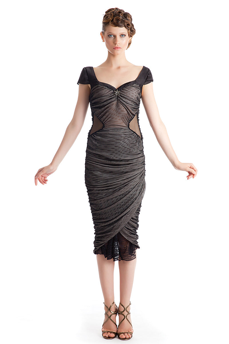 Rochie midi de plasa cu dantela, mulata Diva