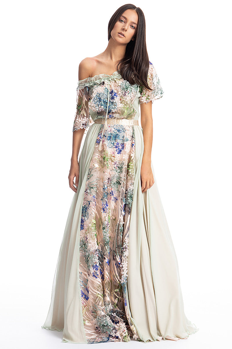 Rochie lunga de ocazie din dantela si matase cu maneci scurte R14S19