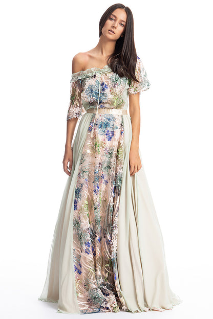 Rochie lunga de ocazie din dantela si matase cu maneci scurte R14S19