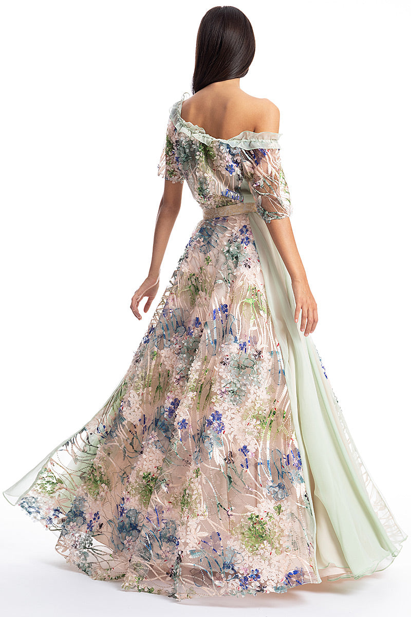 Rochie lunga de ocazie din dantela si matase cu maneci scurte R14S19