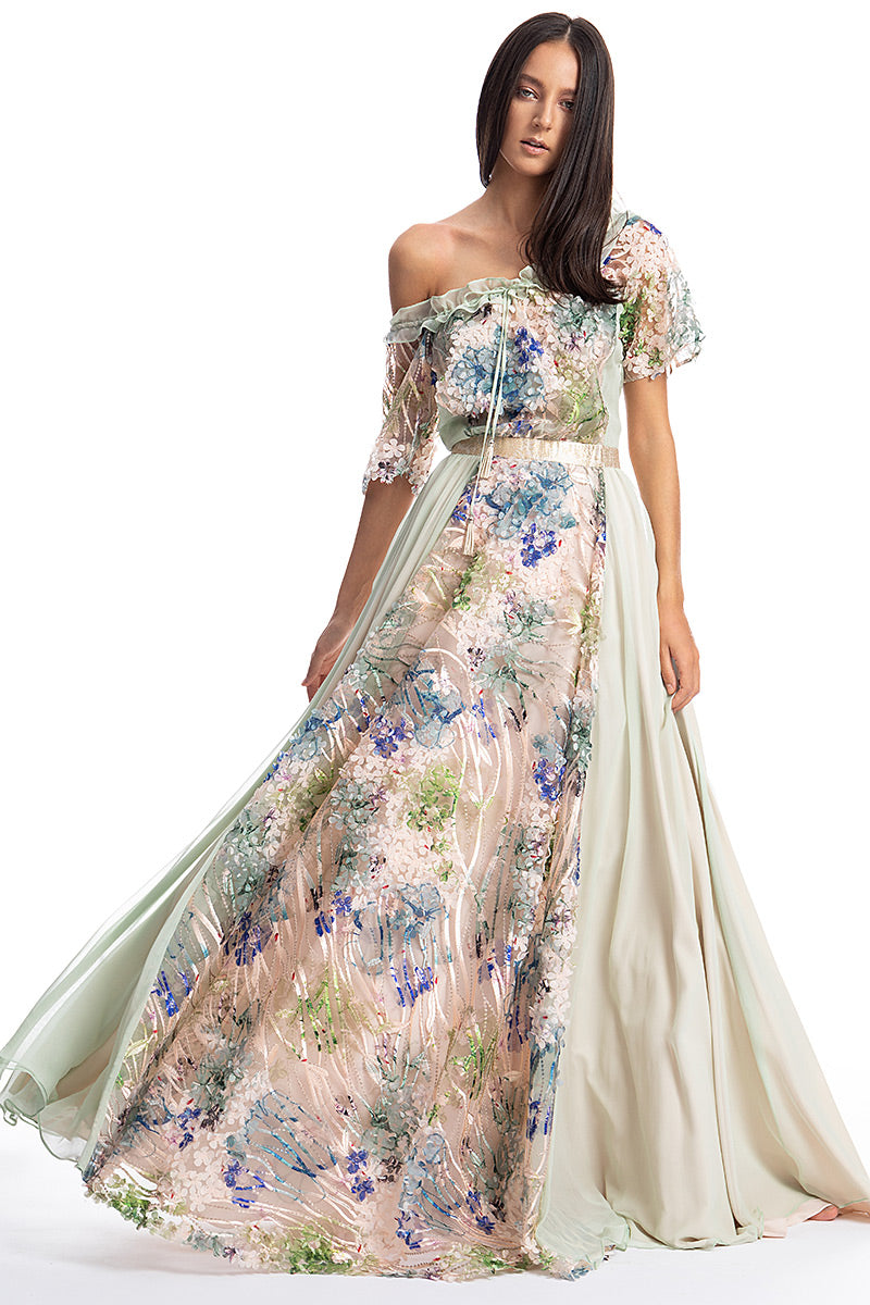 Rochie lunga de ocazie din dantela si matase cu maneci scurte R14S19