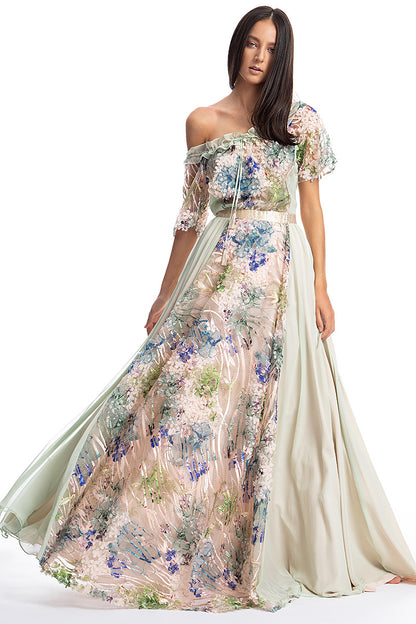 Rochie lunga de ocazie din dantela si matase cu maneci scurte R14S19