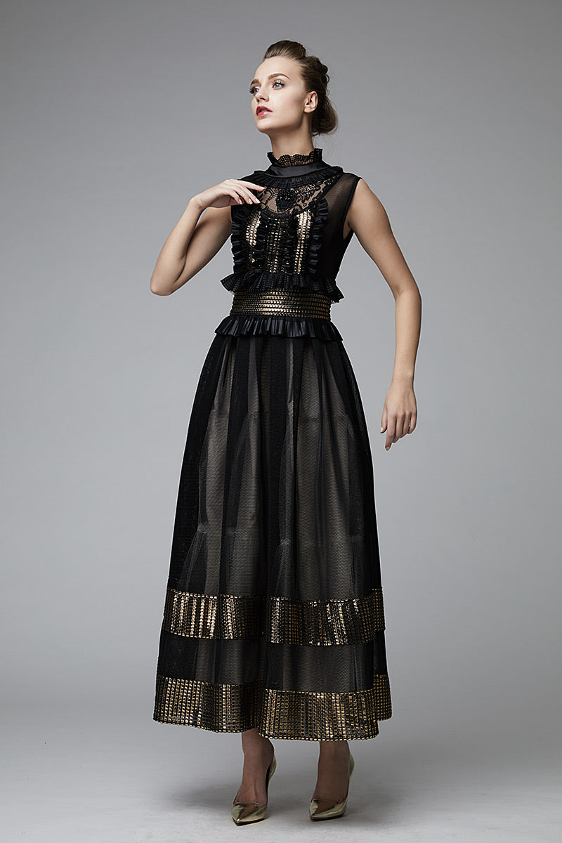 Rochie de seara midi eleganta de plasa cu dantela si banda aurie R15H18