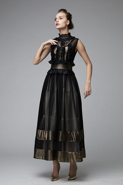 Rochie de seara midi eleganta de plasa cu dantela si banda aurie R15H18