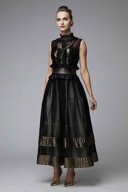 Rochie de seara midi eleganta de plasa cu dantela si banda aurie R15H18