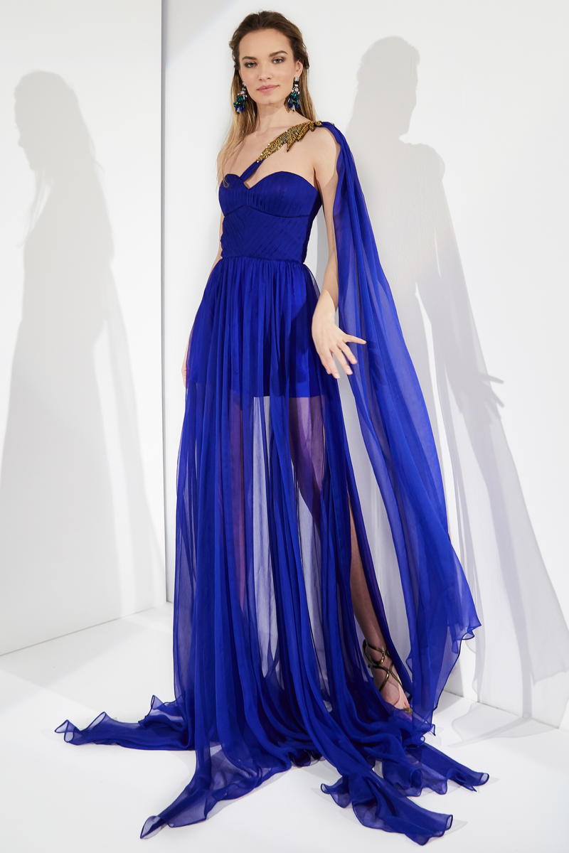 Rochie de seara lunga cu corsaj, din matase naturala asimetrica R15h21