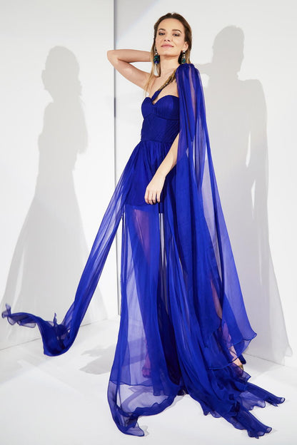 Rochie de seara lunga cu corsaj, din matase naturala asimetrica R15h21