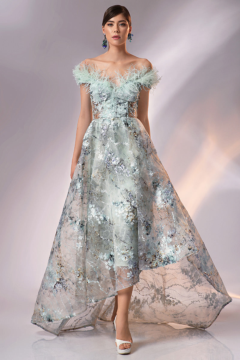 Rochie asimetrica din dantela brodata cu corsaj si pene de strut R15h24 Aqua