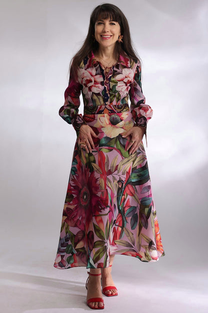 Rochie midi de ocazie, imprimata, eleganta din organza de matase, Gentiana