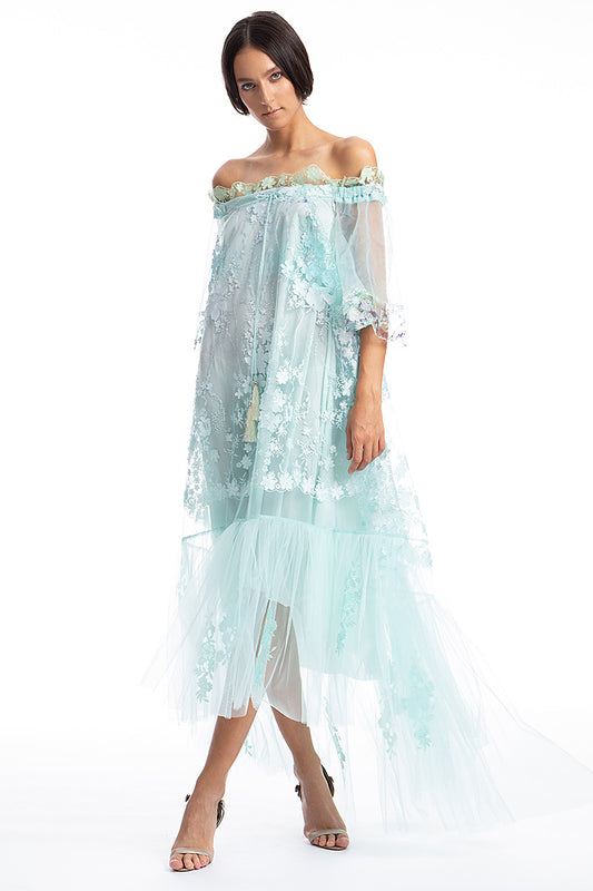 Rochie midi de ocazie din dantela si tul cu maneci scurte R15S19