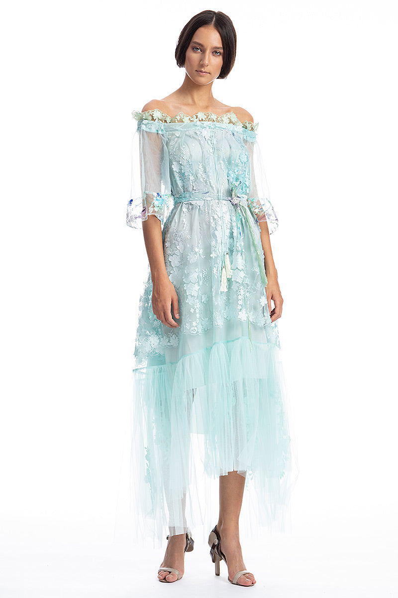 Rochie midi de ocazie din dantela si tul cu maneci scurte R15S19