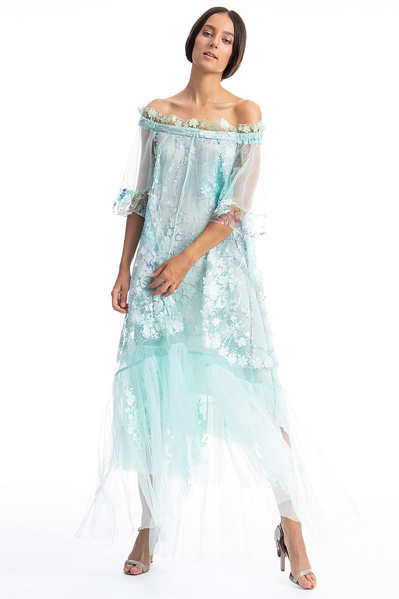 Rochie midi de ocazie din dantela si tul cu maneci scurte R15S19