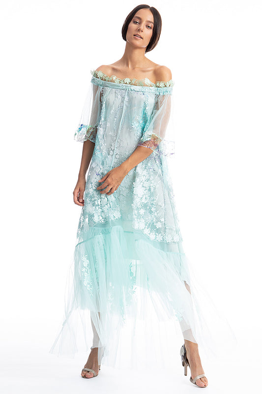 Rochie midi de ocazie din dantela si tul cu maneci scurte R15S19