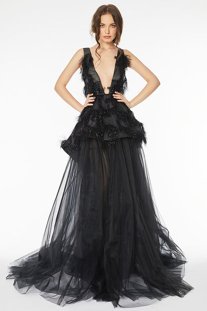 Rochie lunga de seara, eleganta in forma A, lunga, cu broderie si tull R16H20