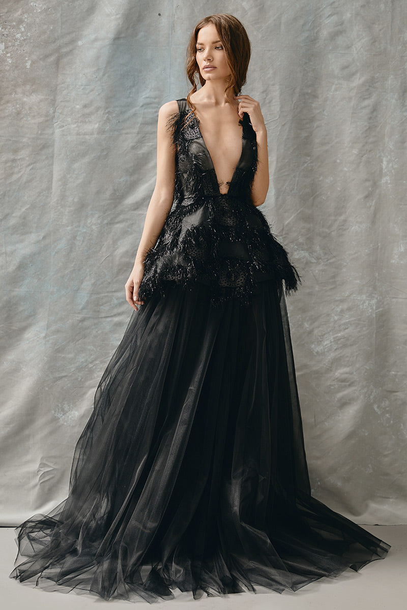 Rochie lunga de seara, eleganta in forma A, lunga, cu broderie si tull R16H20