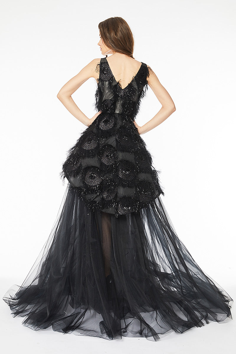 Rochie lunga de seara, eleganta in forma A, lunga, cu broderie si tull R16H20