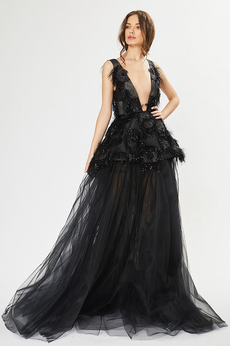 Rochie lunga de seara, eleganta in forma A, lunga, cu broderie si tull R16H20