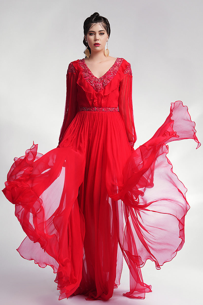 Rochie rosie din matase lunga cu broderie manuala Anabela